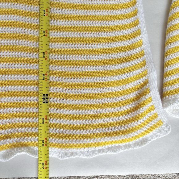 TALBOTS M Crewneck Knit Sweater Scallop Trim Yellow White Stripe Preppy Coastal - Picture 12 of 12